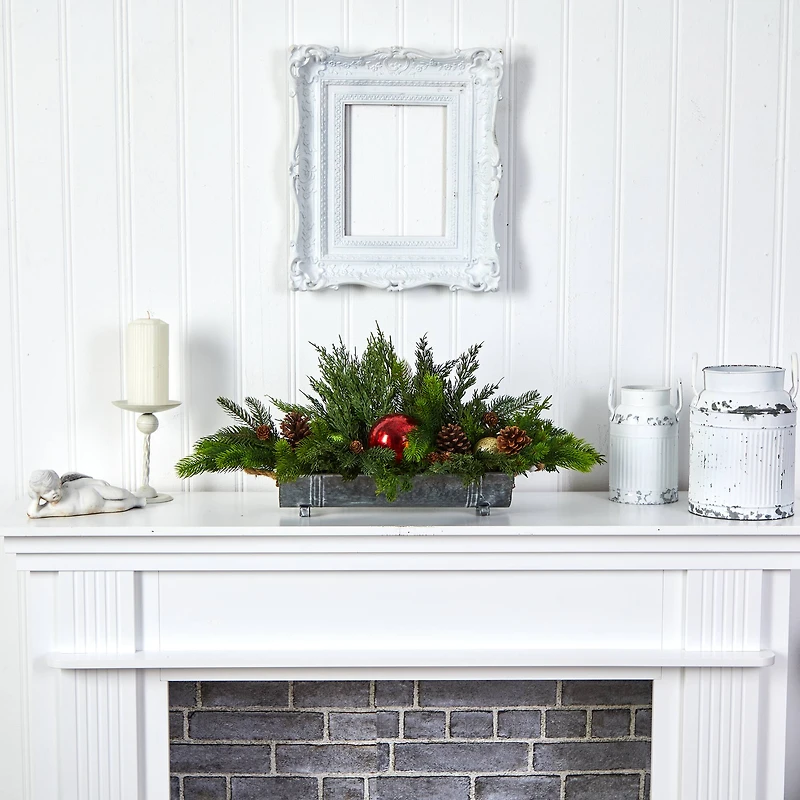 24" Cedar Pine, Pinecones & Ornaments Artificial Christmas Arrangement in Tin Vase