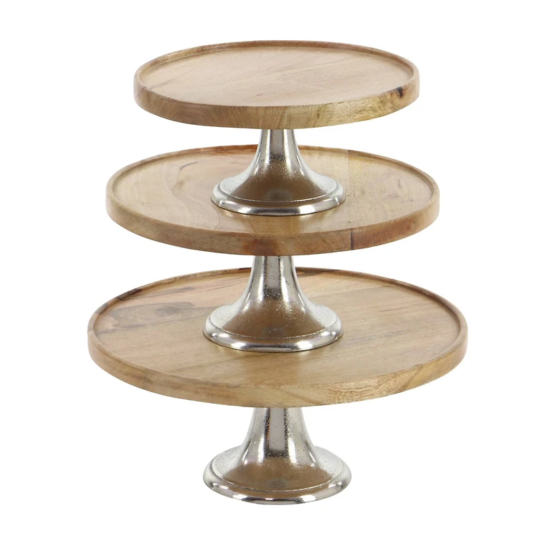 Brown Mango Wood & Metal Cake Stand Set