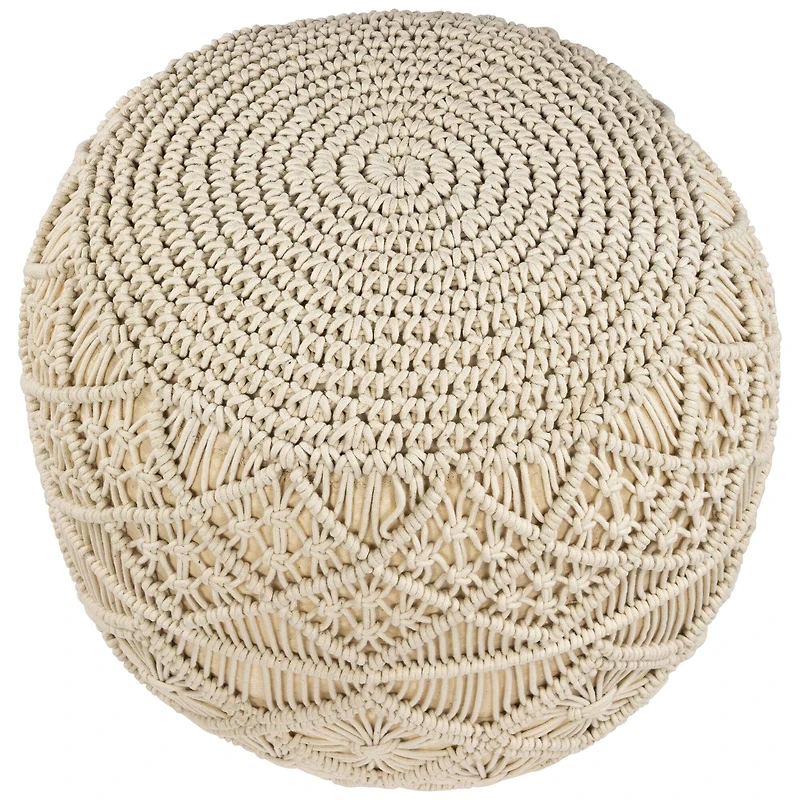 18" Cream Macramé Round Natural Cotton Pouf