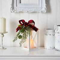 12" White Lantern with Berries, Pine & Plaid Bow Artificial Christmas Table Arrangement with LED Candle