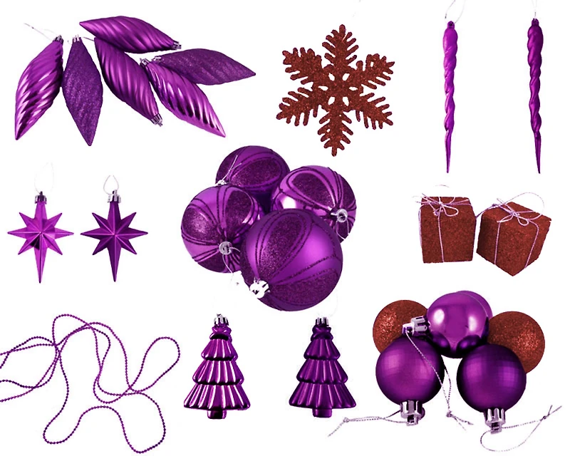 125ct. Purple & Red Shatterproof 3-Finish Christmas Ornaments