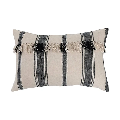 Hello Honey® Black & Cream Stripes Woven Cotton Lumbar Pillow with Fringe