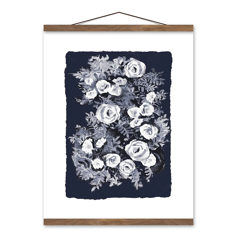 Navy Blue Florals 16" x 20" Teak Hanging Canvas