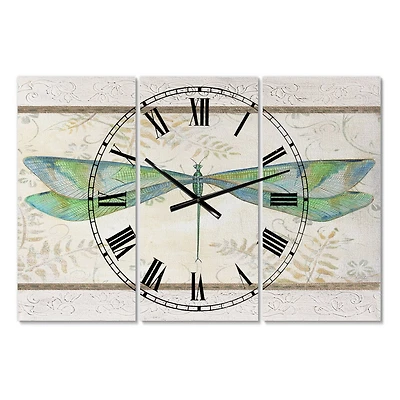 Designart Summer Dragonfly Oversized Cottage 3 panel Wall Clock