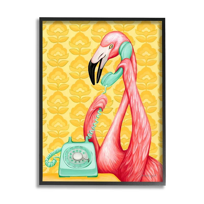 Stupell Industries Flamingo Calling Dial Telephone Groovy Flowers Framed Giclee Art