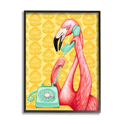 Stupell Industries Flamingo Calling Dial Telephone Groovy Flowers Framed Giclee Art