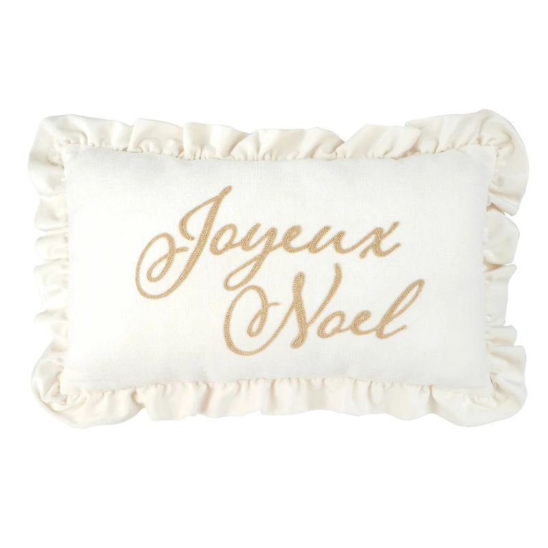12" x 20" White Ruffled Joyeux Noel Lumbar Throw Pillow by Ashland®