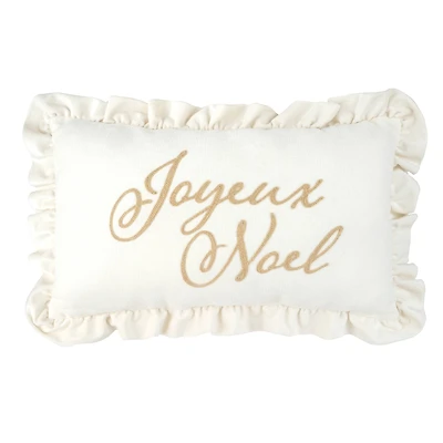 12" x 20" White Ruffled Joyeux Noel Lumbar Throw Pillow by Ashland®