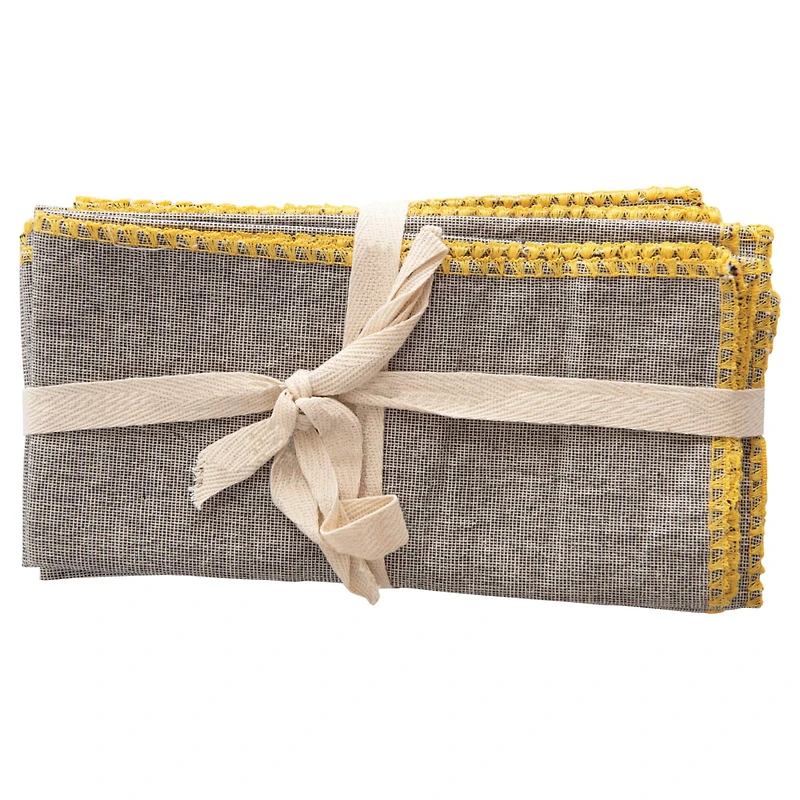 Hello Honey® Gray with Embroidered Yellow Edge Cotton Napkin Set, 4ct.