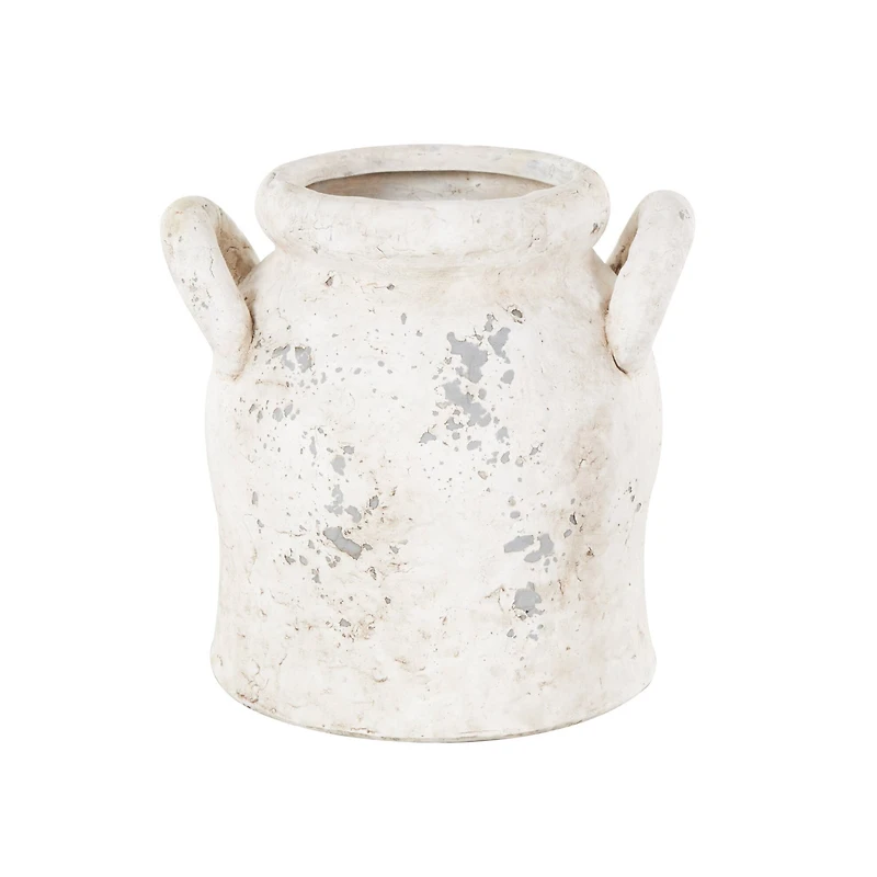 8.25" Cream Ceramic Antique Style Distressed Decorative Vase with Handles