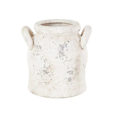 8.25" Cream Ceramic Antique Style Distressed Decorative Vase with Handles
