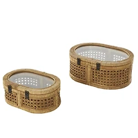 Brown Oval Rattan Storage Box Set with Pane Panels & Glass Tops