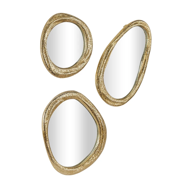Gold Aluminum Contemporary Abstract Wall Mirror, Set of 3 23", 19", 15"