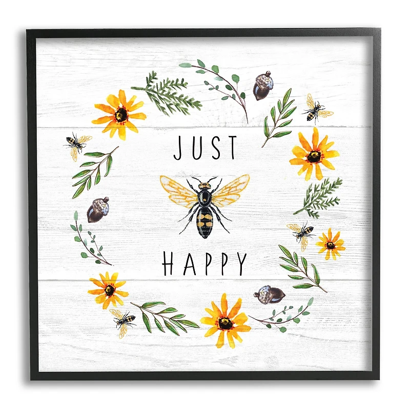 Stupell Industries Just Bee Happy Pun Phrase Yellow Daisy Wreath in Frame Wall Art