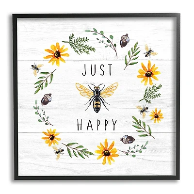 Stupell Industries Just Bee Happy Pun Phrase Yellow Daisy Wreath in Frame Wall Art