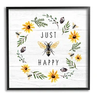 Stupell Industries Just Bee Happy Pun Phrase Yellow Daisy Wreath in Frame Wall Art