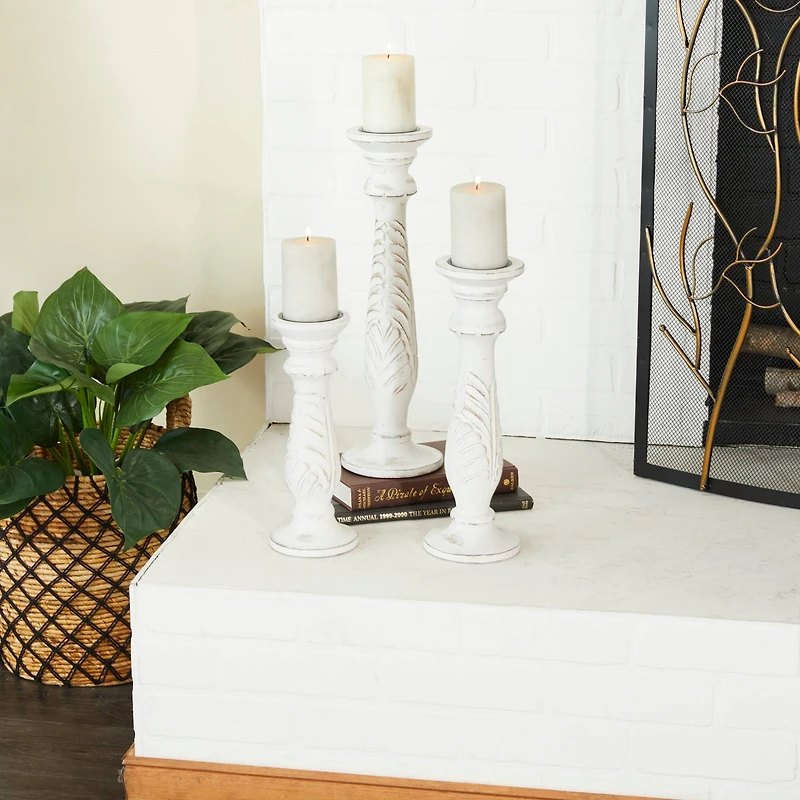 White Mango Wood Traditional Distressed Candle Holder Set