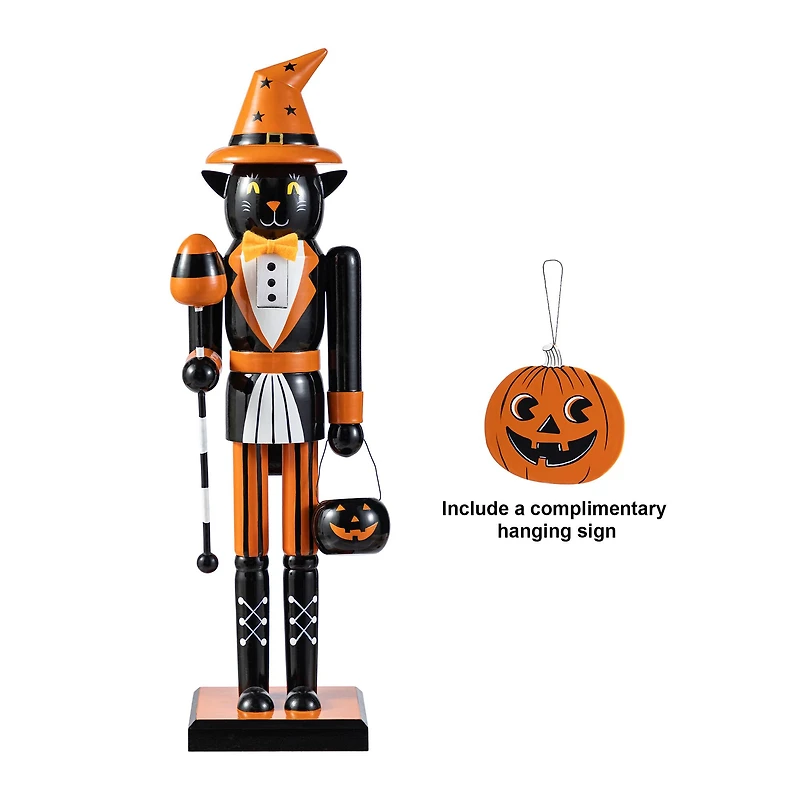 Glitzhome® 18.5"H Halloween Wooden Black Cat Nutcracker with Pumpkin Ornament
