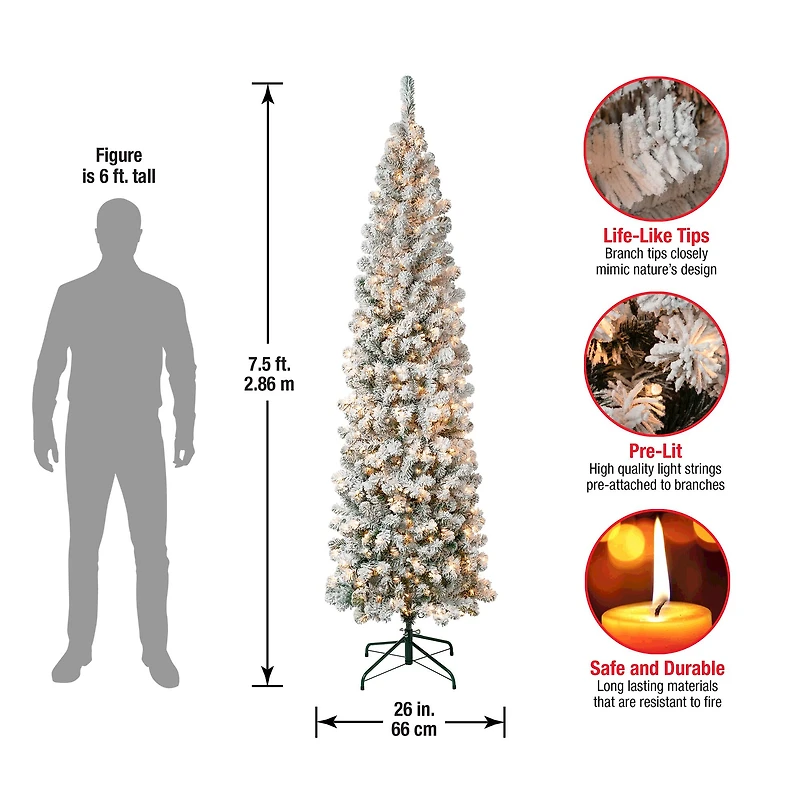 7.5ft. Pre-Lit Acacia Pencil Slim Flocked Artificial Christmas Tree, Clear Lights