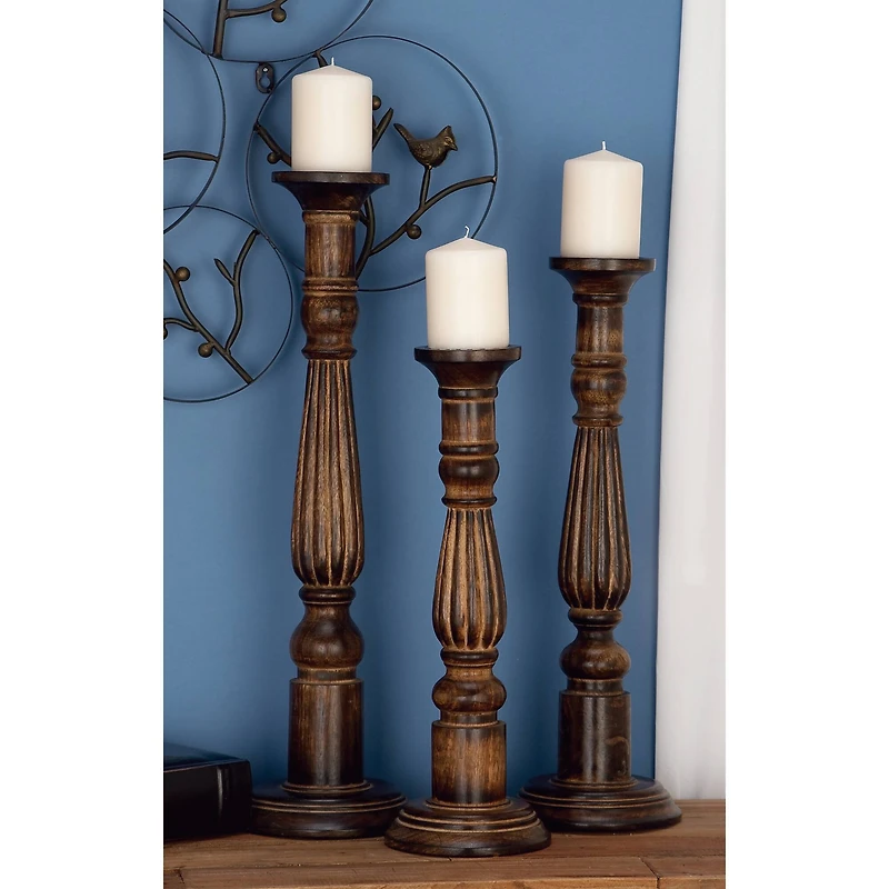 Brown Mango Wood Traditional Candle Holders Set, 18", 21" & 24"