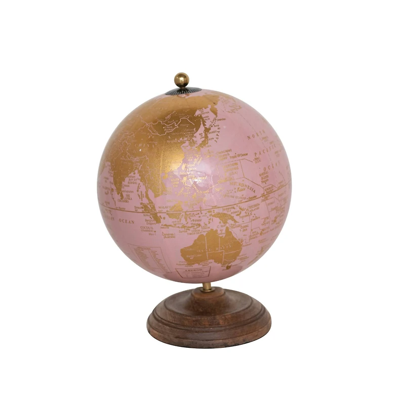 Hello Honey® 10.75" Pink & Gold Metal & Plastic Globe on Natural Mango Wood Stand