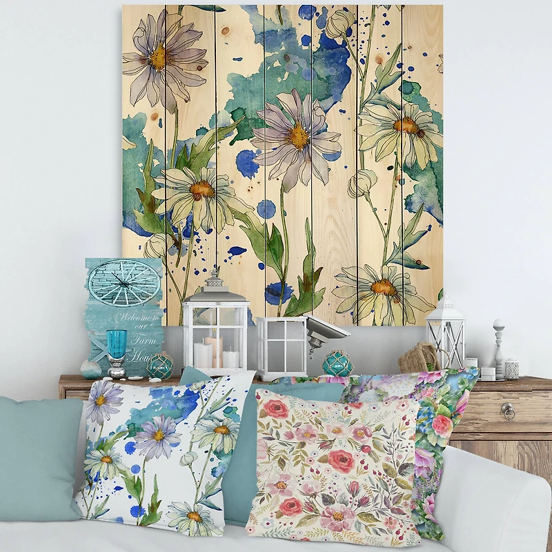 Designart - Daisies With Green Leaves II - Traditional Print on Natural Pine Wood