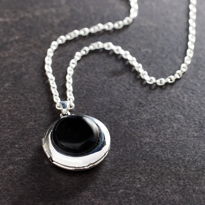 Black Jasper & Rhodium Round Locket by Bead Landing™