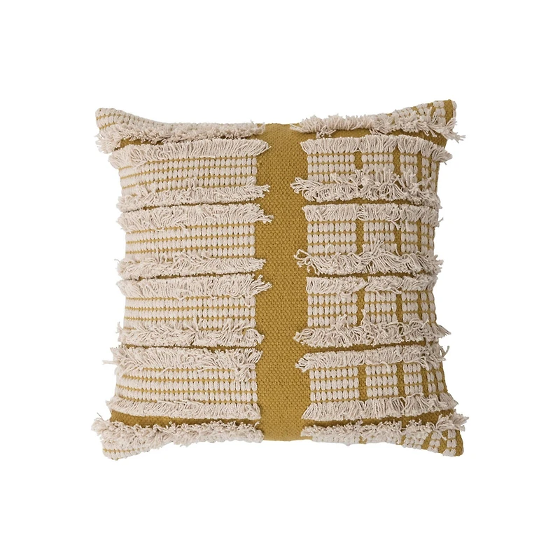 Hello Honey® Mustard & Cream Woven Cotton Dhurrie Pillow with Fringe
