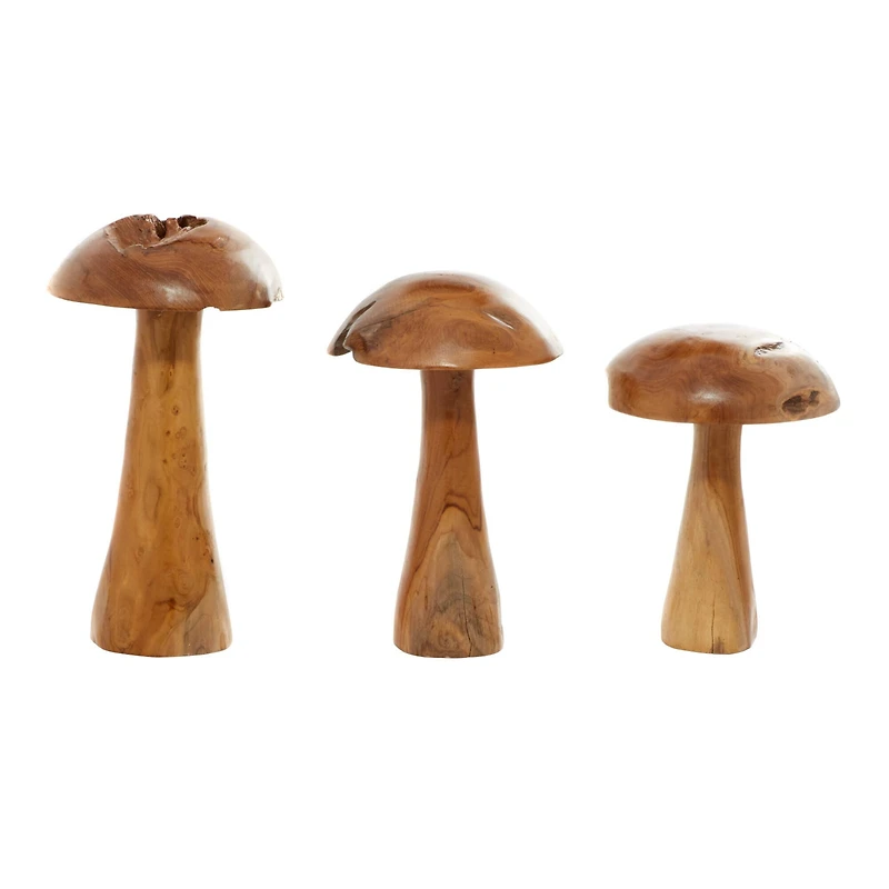 Brown Teak Wood Mushroom Sculpture Set