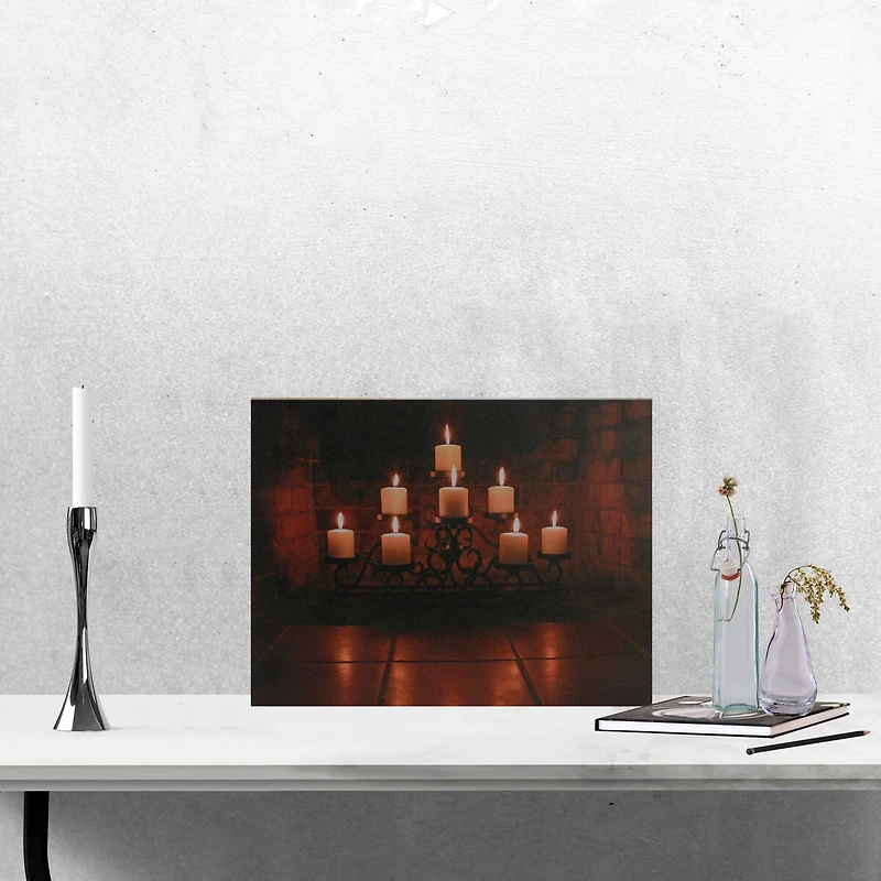 LED Flickering Candles In Fireplace Canvas Wall Art