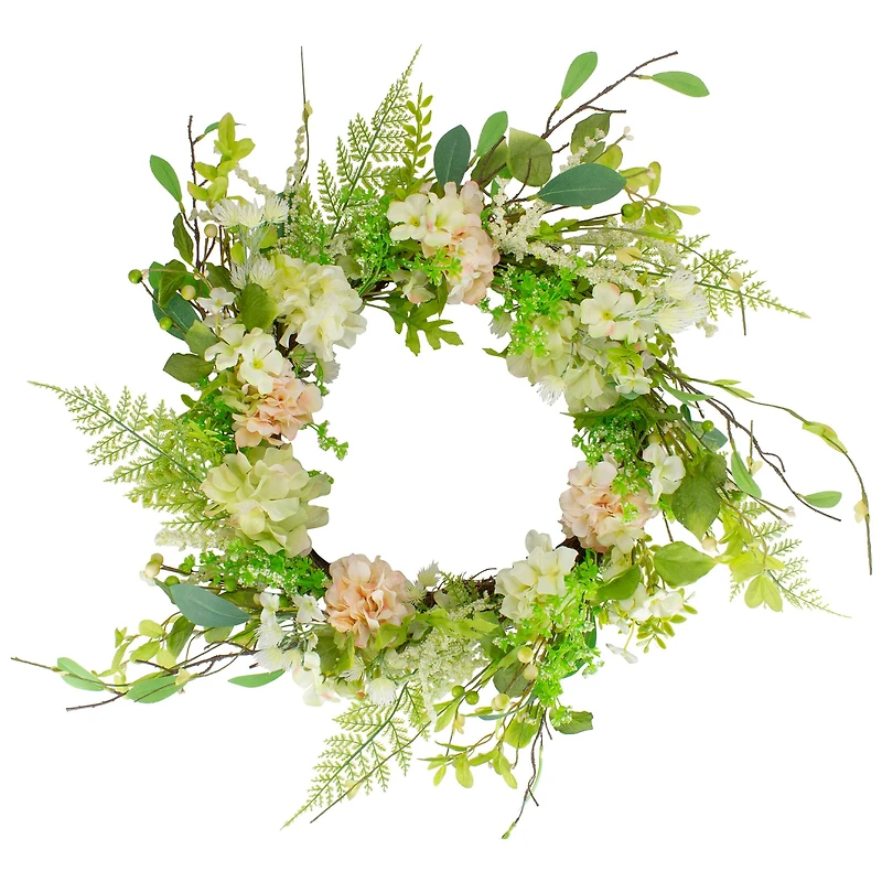 28" Green & Pink Hydrangea & Fern Spring Floral Berry Wreath