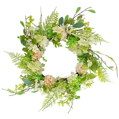 28" Green & Pink Hydrangea & Fern Spring Floral Berry Wreath