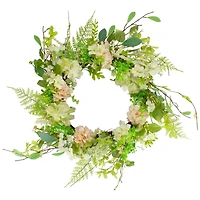28" Green & Pink Hydrangea & Fern Spring Floral Berry Wreath