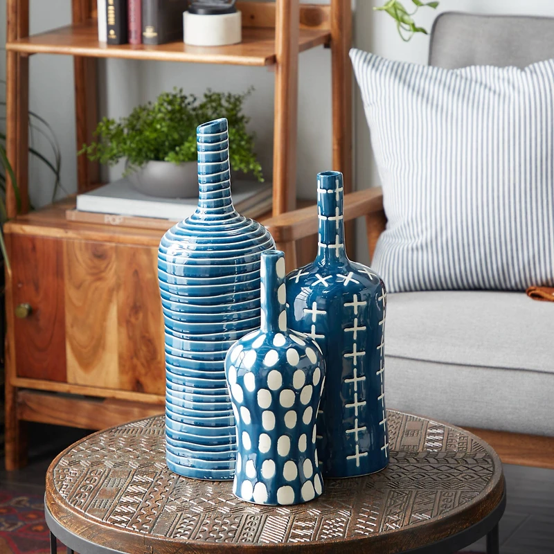 Blue & White Stoneware Contemporary Vase Set