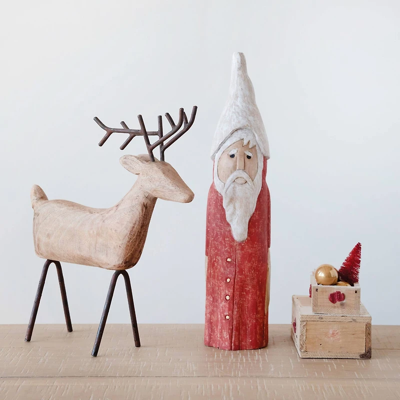 Hello Honey® 14.75" Hand-Carved Mango Wood Reindeer with Metal Legs & Antlers