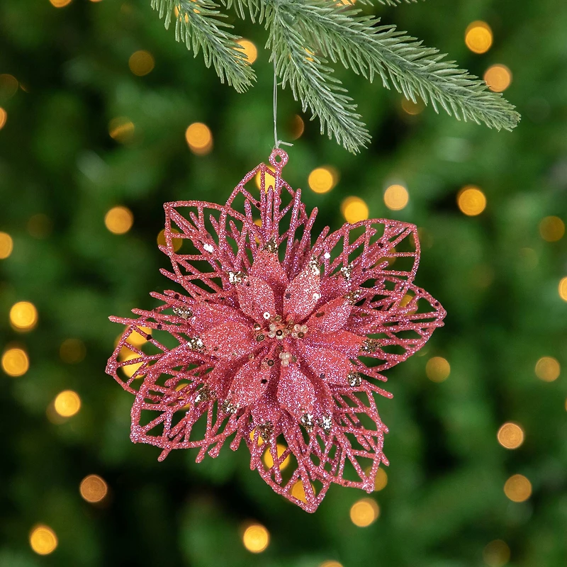 Pack of 4 Glittered Pink Poinsettia Christmas Ornaments 6"
