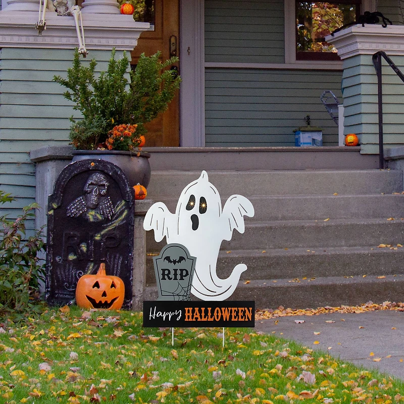 Glitzhome® 32.25"H Lighted Halloween Metal Ghost Tombstone Yard Stake with Timer