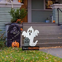 Glitzhome® 32.25"H Lighted Halloween Metal Ghost Tombstone Yard Stake with Timer