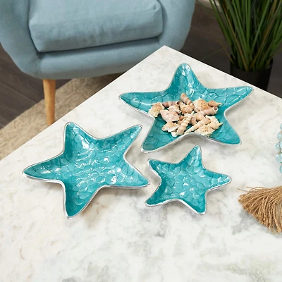 Blue Handmade Enameled Textured Aluminum Starfish Decorative Bowls Set