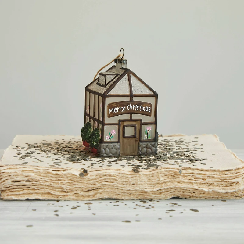 Hello Honey® 4" Hand-Painted Glass Greenhouse Ornament with Glitter Merry Christmas