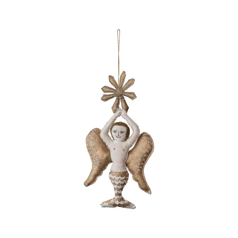 Hello Honey® 9.5" Cream & Gold Handmade Canvas & Wool Felt Angel Ornament with Embroidery
