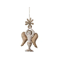 Hello Honey® 9.5" Cream & Gold Handmade Canvas & Wool Felt Angel Ornament with Embroidery