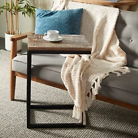 Brown Wood Distressed C-Shaped Accent Table with Black Metal Base 13" x 18" x 26"