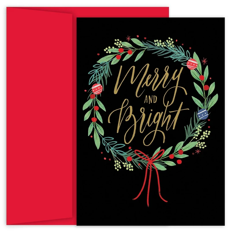 JAM Paper Merry & Bright Wreath Christmas Cards & Envelopes Set