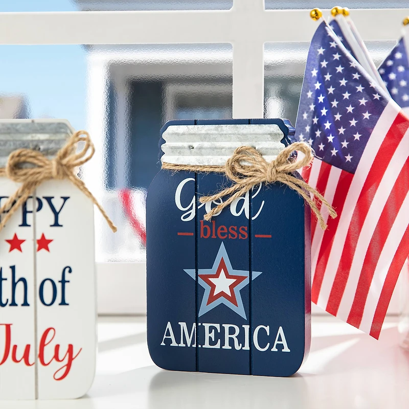Glitzhome® 7" Patriotic Americana Mason Jar Tabletop Jar Décor Set