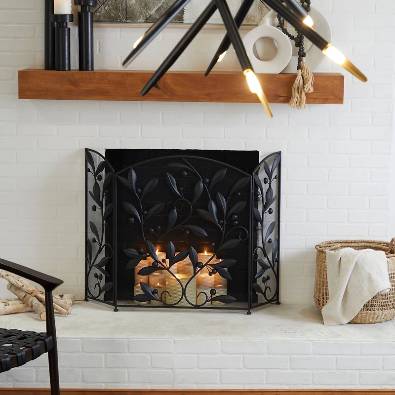 Black Metal Foldable Mesh Netting 3 Panel Scroll Fireplace Screen with Leaf and Vine Relief 45" x 1" x 30"