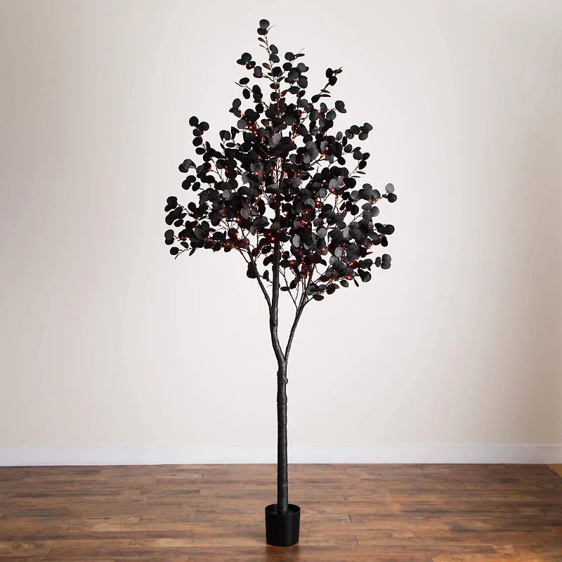 9ft. Pre-Lit Artificial Halloween Black Eucalyptus Tree with 700 Orange & Purple LED Lights
