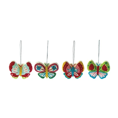 Hello Honey® 4 Pack 4.75" Multicolor Beaded Butterfly Cotton Velvet & Glass Ornaments