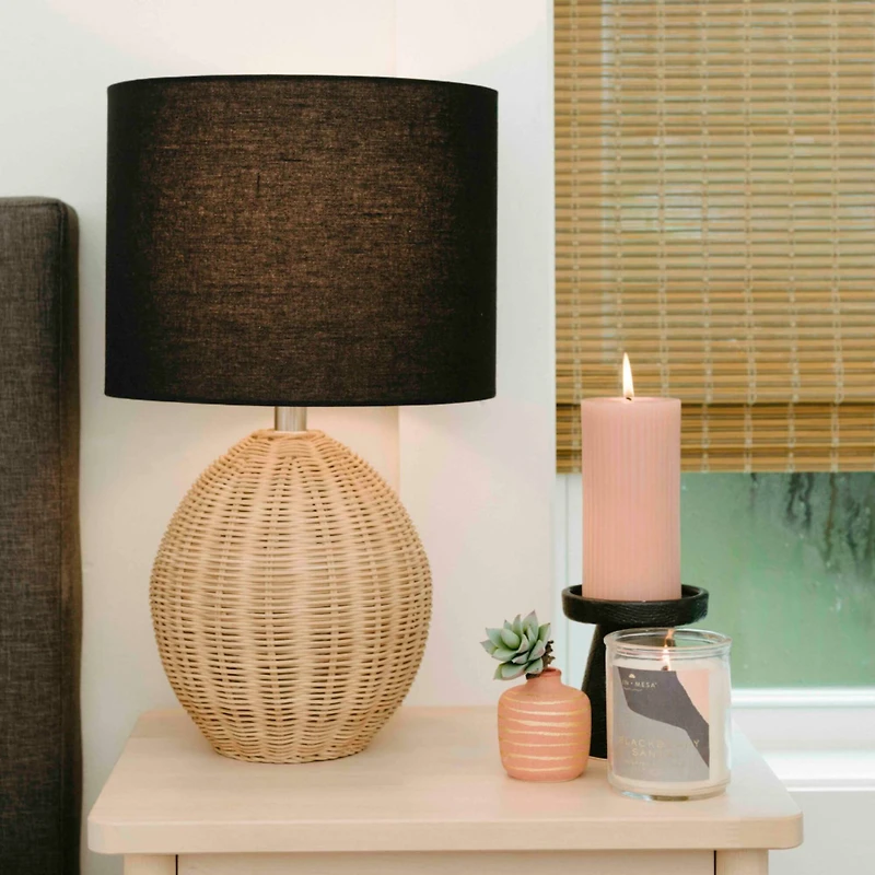 Hello Honey® 20" Natural Boho Woven Rattan Table Lamp with Black Linen Shade