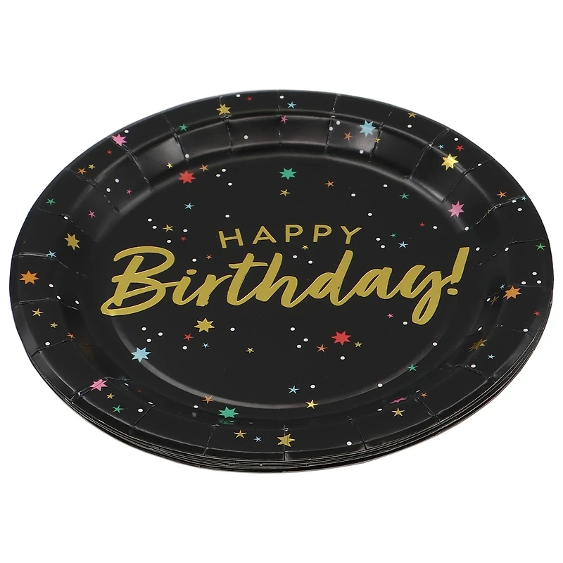 9" Black & Gold Starry Happy Birthday Paper Plates, 8ct. by Celebrate It™